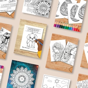 May include: A collection of printable coloring pages featuring various designs, including a dinosaur, a puppy, a mandala, a woman with flowers in her hair, and a monster. The pages are all black and white and have a simple, whimsical style.