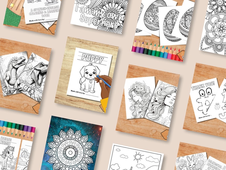 May include: A collection of printable coloring pages featuring various designs, including a dinosaur, a puppy, a mandala, a woman with flowers in her hair, and a monster. The pages are all black and white and have a simple, whimsical style.