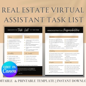 May include: A printable real estate virtual assistant task list template. The template is divided into daily, weekly, monthly, and as-needed tasks. The template includes the text "Edit in Canva" and "Editable & Printable Template | Instant Download."
