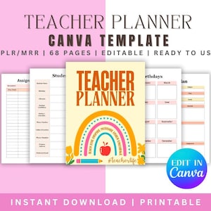 Puede incluir: Una plantilla Canva colorida para un planificador de profesor con un diseño de arcoíris, manzana y lápiz. El texto "TEACHER PLANNER" está en negrita, en naranja. El texto "#teacherlife" está en negro, más pequeño. La plantilla incluye 68 páginas y es editable. El texto "EDIT IN Canva" está en un cuadro morado con un contorno blanco.