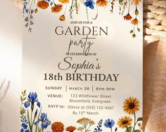 Editable Wildflower Birthday Invitation, Floral Garden Birthday Invite, Canva Template, Printable Girls Invitation, Digital Download