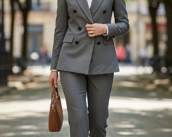 Women’s Suit Set: Elegant Tailored Blazer & Pants (Light Grey)