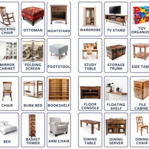 Furniture 32 Editable Montessori Cards, Flash Cards Nomenclature Flashcards PDF Printable Cards Montessori Toys Preschool, 3 Part Cards