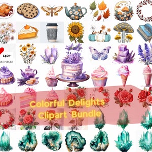 Colorful Delights Clipart Bundle, Including Lavender Summer, Groovy Fall, Teal Crystals, Red Roses, Pink Sweet Treats, Digital Download