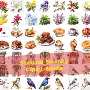 Op de afbeelding: Een digitale clipartbundel met meer dan 100 aquarel illustraties van bloemen, eten en deuren. De illustraties zijn in verschillende kleuren en stijlen, en ze zijn perfect om een vleugje whimsy aan je projecten toe te voegen. De tekst "Seasonal Serenity Clipart Bundle" wordt in het midden van de afbeelding weergegeven.