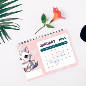 Calendario imprimible rayado 2023, horizontal, con adorables animales juguetones, mensual, descarga digital instantánea.