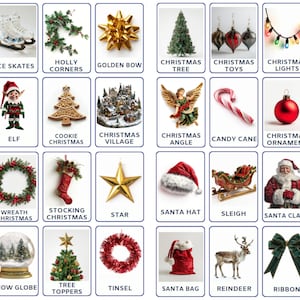 Op de afbeelding: Een verzameling van 36 kerstthema-afbeeldingen, waaronder een kerstboom, kerstversiering, een kous, een krans, een kerstmanmuts, een slee, een schommelpaard, een sneeuwpop, een sneeuwbol, een rendier, een cadeau, een snoepstok, een kaars, een ster, een gouden strik, een kerstdorp, een open haard, een kerstengel, een kerststal, een kerstboom van peperkoek, een krans, bellen, wanten, schaatsen, hulst hoeken, kerstverlichting en een elf.