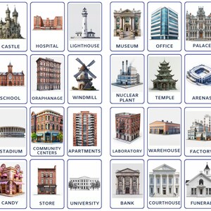32 PNG Types of Building Flash Cards, Printable Montessori Cards, Nomenclature cards, Instant Download, Montessori Toddler Activity for Kids