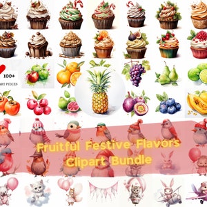 Ensemble de saveurs festives fructueuses, comprenant des fruits sains, des cupcakes de Noël, une fête prénatale d'animaux roses, une aquarelle d'oiseaux de Noël d'hiver