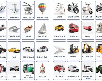 Vehicles 32 Montessori Cards, Flash Cards Nomenclature Flashcards Editable PDF Printable Cards Transportation Car Preschool, Home Schooling
