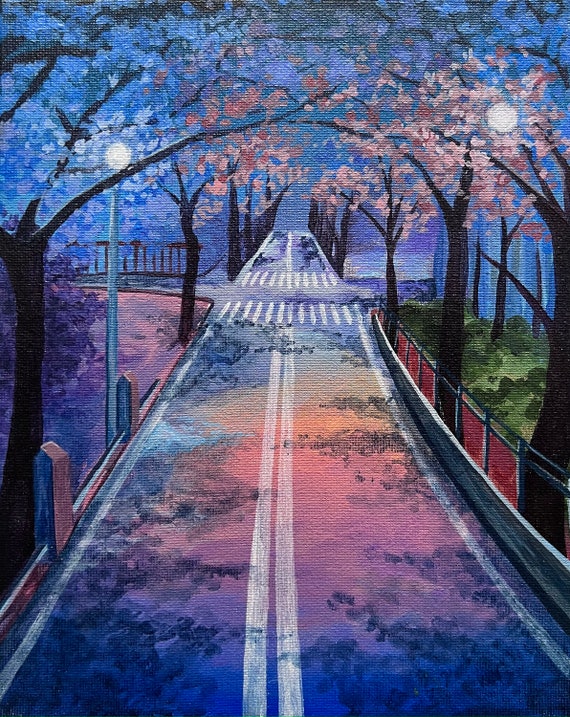 油絵 油彩  絵 絵画【Çherry blossom road】 April in Paris Cherry Blossoms Oil Landscape Painting Framed