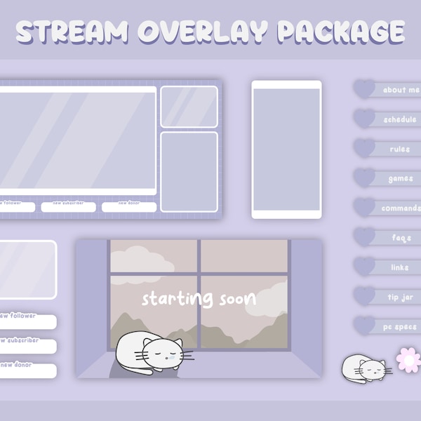 Simple Pastel Purple Static & Animated Twitch Package Cozy Cat / Panels Stream Overlay Package Banner Cute Streamer Aesthetic Assets