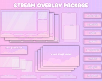 Cute Pink and Purple Static & Animated Twitch Package / Panels Alerts Banner Screens Overlay Bundle for Streamer