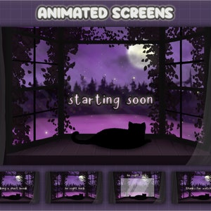 Animerade Twitch-skärmar med lila katter för stream | Halloween-tema med 1 statisk ström och 5 animerade scener