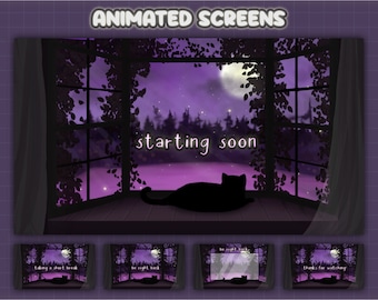 Animated Purple Cat Twitch Screens For Stream | Night Halloween Theme With 1 Static & 5 Animated Scenes
