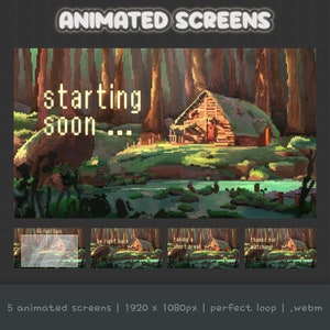 Animated Pixel Art Cabin Twitch Screens For Stream | Cozy Green Fall Forest Theme With 1 Static & 5 Animated Scenes