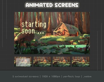 Animated Pixel Art Cabin Twitch Screens For Stream | Cozy Green Fall Forest Theme With 1 Static & 5 Animated Scenes
