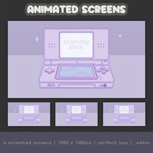 Puede incluir: Una animación pixelada de una consola de juegos portátil Nintendo DS púrpura con una pantalla que dice "starting soon". La animación es un bucle de la pantalla que cambia entre tres imágenes diferentes.