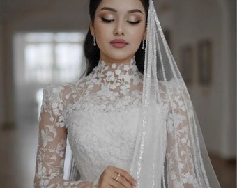 Escote alto, encaje de flores modesto, encaje de boda, manga larga, vestido de novia elegante clásico