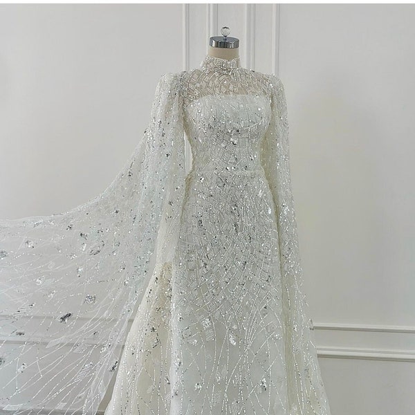 High neck long sleeves  modest embroidery wedding dress, cape