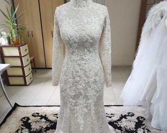 Beaded Mermaid Lace Wedding Dress: Long Sleeve Mockneck Gown