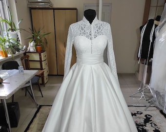 High neck puff lange ärmel Chantilly Spitze klassisches Brautkleid, Tüllrock, romantisch und boho, Grace Kelly lace-mieder Ballkleid, mockneck