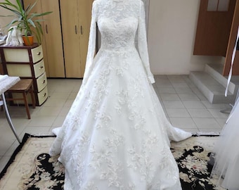 Elegant High Neck A-Line Wedding Dress: Long Sleeves, Sparkle Embroidery