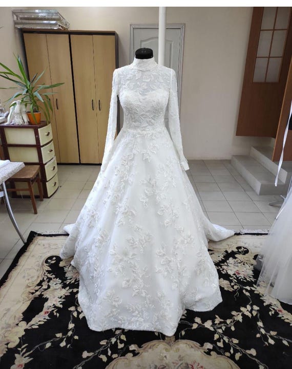 Elegant Modest High Neck A-Line Wedding Dress: Long Sleeves, Sparkle Embroidery