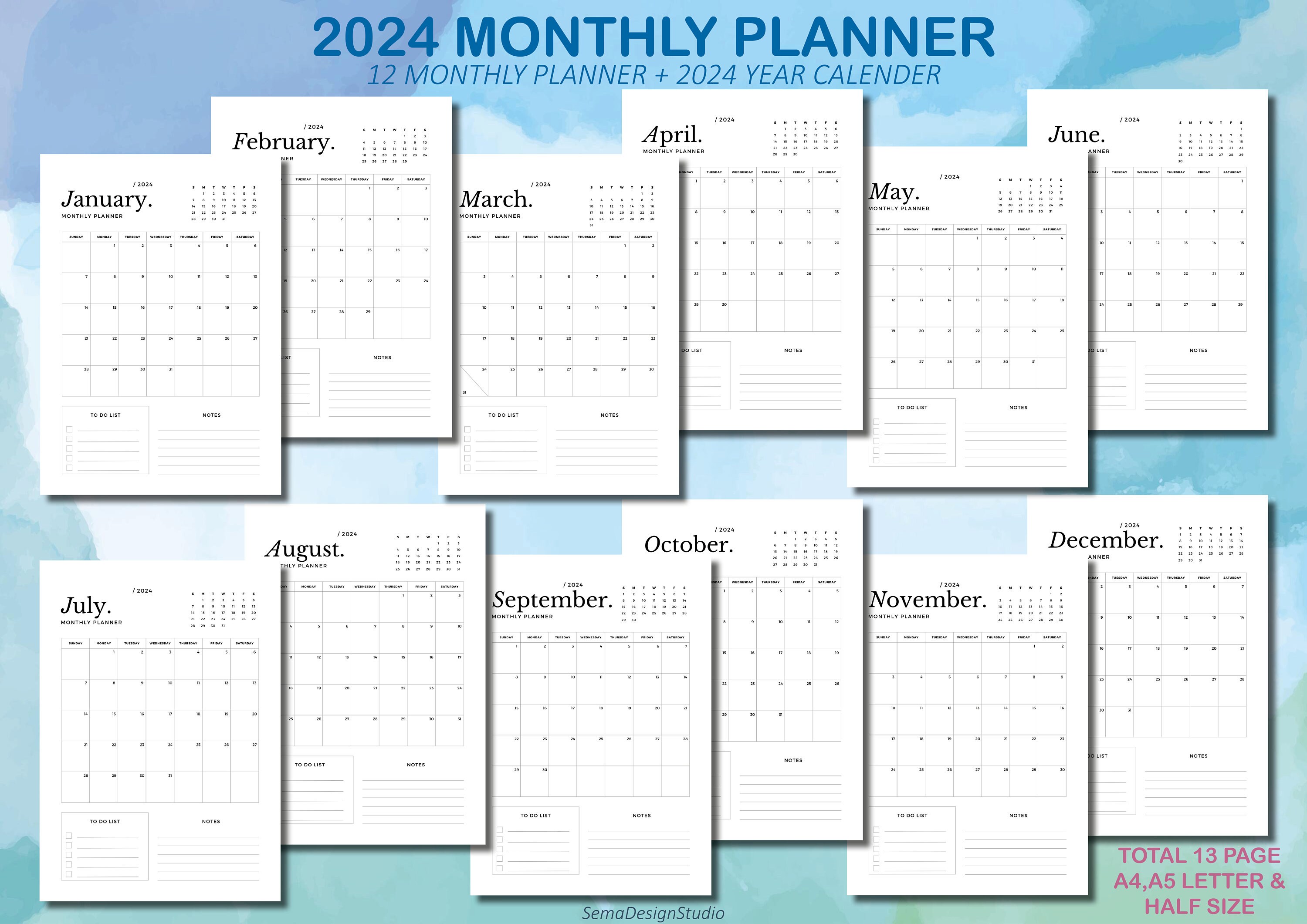 2024 monthly and yearly calendar 2024 minimal black and white monthly
