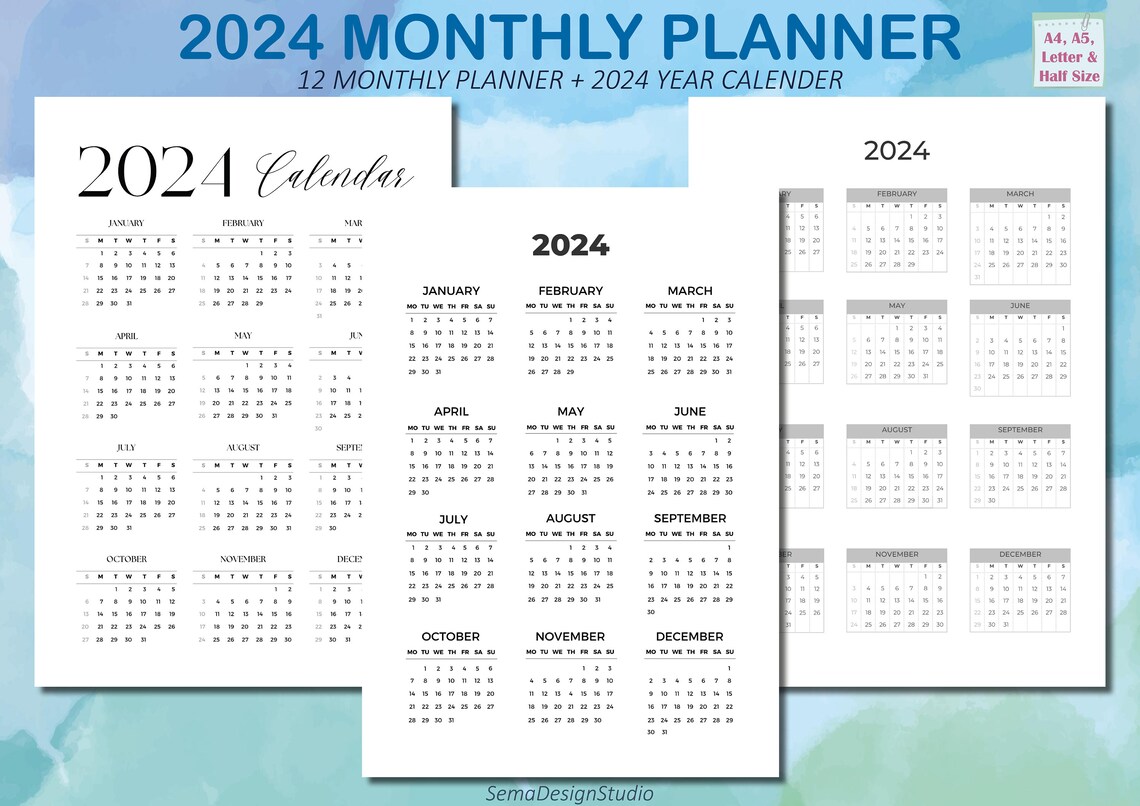 2024 monthly and yearly calendar 2024 minimal black and white monthly