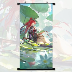 May include: A red-haired anime character with black eyes and a black and white outfit sits on a large green lily pad. The character is surrounded by water lilies and green lily pads. The background is a blue sky with white clouds.