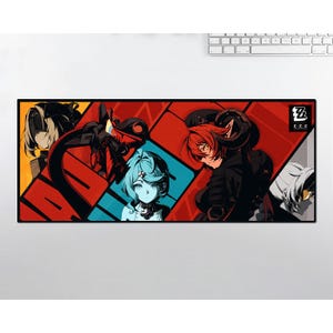 May include: Rectangular mousepad featuring anime-style character illustrations in red, black, yellow, and blue. The design includes a logo in the upper right corner and a white keyboard is visible in the background.