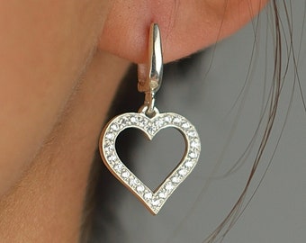 Heart Earrings Sterling Silver 925, CZ Heart Dangle Earrings, Romantic Gift for Her, Luxury Statement Earrings, Sparkly Jewelry