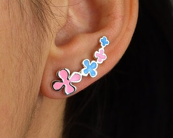Colorful Flower Ear Climbers Sterling Silver 925, Pink Blue Enamel Earrings, Minimalist Climber Earrings, Spring Jewelry Gift for Her