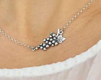 Fruit Necklace with Bunch of Grapes, Oxidized Sterling Silver Statement Charm, Unique Fine Jewelry, Foodie Vegan Wine Lovers Trending Gift
