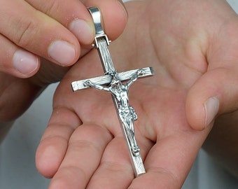 Oxidized Silver Orthodox Christian Cross, Mens 3D  Jesus Relief Cross Savior Pendant, Large Gothic Crucifix Necklace, Unique Baptism Gift