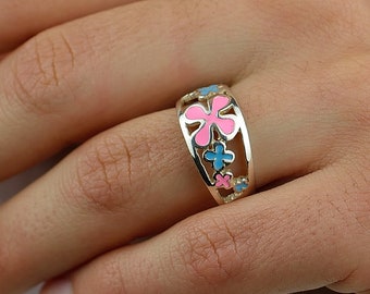 Colorful Flower Ring Sterling Silver 925, Pink Blue Enamel Ring, Minimalist Floral Ring, Statement Summer Jewelry Gift for Her