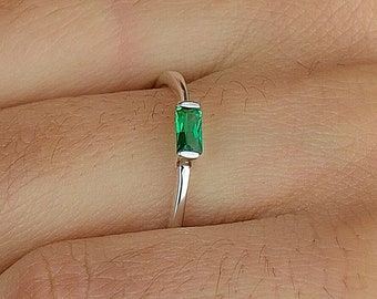 Green Baguette Ring Silver 925 Emerald Ring Minimalist Stacking Ring Thin Silver Ring Promise Ring Handmade
