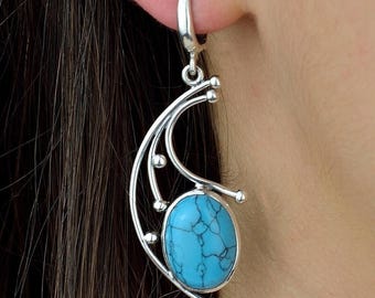 Turquoise Silver Statement Earrings 925, Large Dangle Earrings, Handmade Gemstone Earrings, Bold Elegant Jewelry, Gift for Her