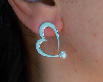 Silver Heart Pearl Earrings 925, Statement Heart Earrings, Romantic Gift for Her, Luxury Stud Earrings, Designer Jewelry