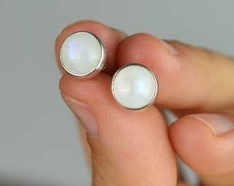 Rainbow Moonstone Stud Earrings: Sterling Silver, June Birthstone (8mm)