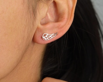 Silver Wing Ear Climbers 925, Minimalist Climber Earrings, Modern Ear Pin, Dainty Silver Earrings, Unique Gift for Her