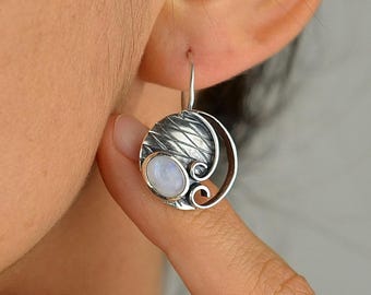 Moonstone Silver Earrings Handmade, Statement Artisan Jewelry, Leverback Earrings, Luxury Dangle Earrings, Unique Designer Earrings Gift