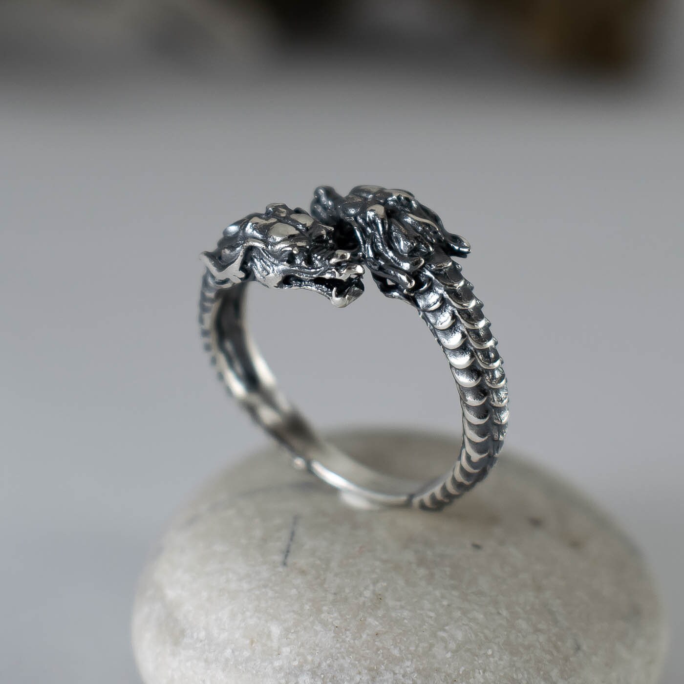 Two Dragon Rings Chinese Dragon Ring Two Heads From Oxidized Sterling Silver, Mens ...