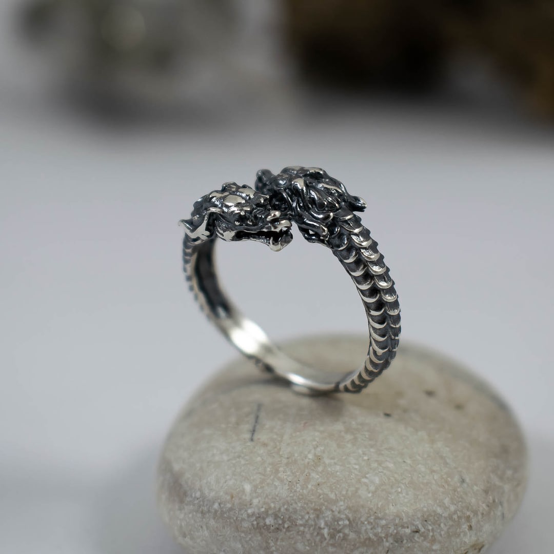 Two Dragon Rings Chinese Dragon Ring Two Heads From Oxidized Sterling Silver, Mens ...