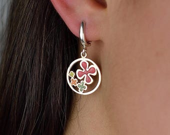 Colorful Enamel Flower Earrings Sterling Silver, Dangle Floral Earrings, Latch Back Hoops, Summer Jewelry Gift for Her