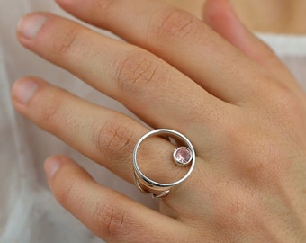 Morganite Circle Ring 925 Sterling Silver, Modern Geometric Statement Ring, Handmade Pink Gemstone Ring, Minimalist Designer Jewelry