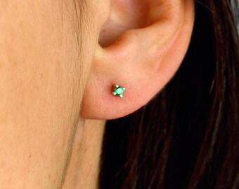 Tiny Emerald Stud Earrings • Sterling Silver Minimalist Jewelry • Natural Gemstone Posts • May Birthstone Gift • Handmade Green Stone
