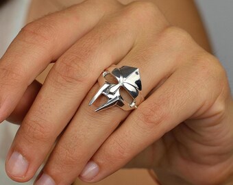 925 Silver Mask Ring, Bold Statement Ring, Handmade Unisex Ring, Warrior Style Jewelry, Custom Size