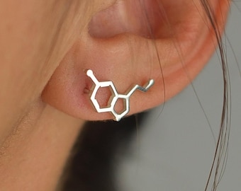 Serotonin Molecule Ear Climbers 925, Dopamine Earrings, Happiness Jewelry, Minimalist Ear Climber, Science Jewelry Gift